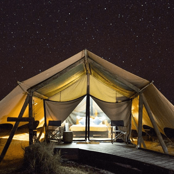 glamping tent at night